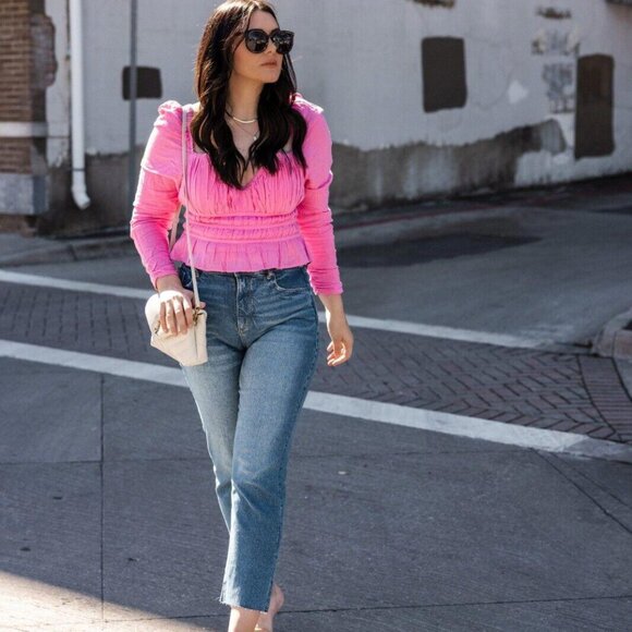 Free People Chloe Cropped Top Solid Ruffle Puffed Sleeves Smocked L New 272714 - Picture 6 of 12